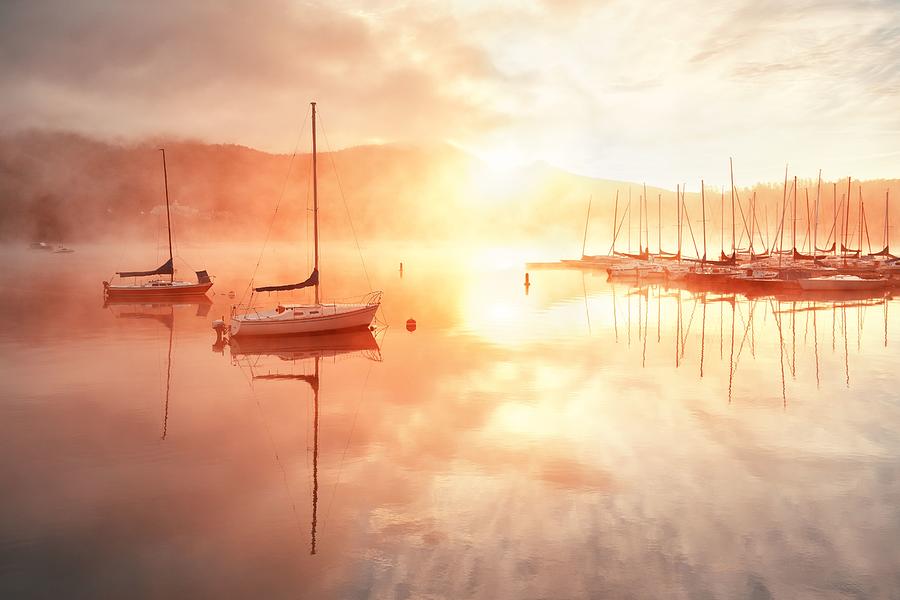 Morning foggy lake boat sunrise #3 Photograph by Songquan Deng