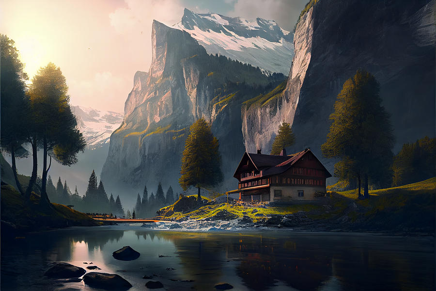Fantasy Digital Art - Morning  Light  for  Lauterbrunnen  Switzerland  by Asar Studios #3 by Celestial Images