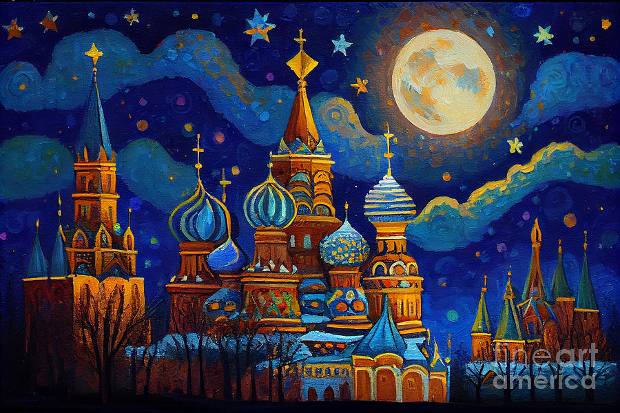 Moscow  Starry  Night  oil  painting  in  the  style  by Asar Studios #3 Digital Art by Celestial Images