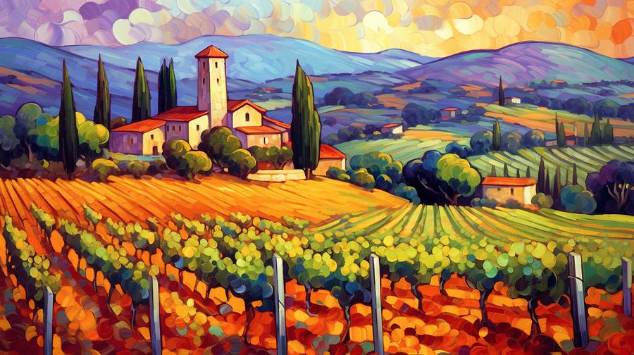 Fantasy Painting - Neo      impressionism  pop  art  deco  vineyard  Italy  by Asar Studios #3 by Celestial Images