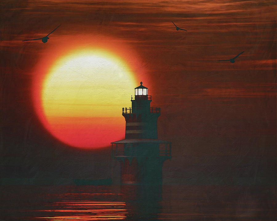 Newport Lighthouse with a sunset #3 Painting by Jan Keteleer