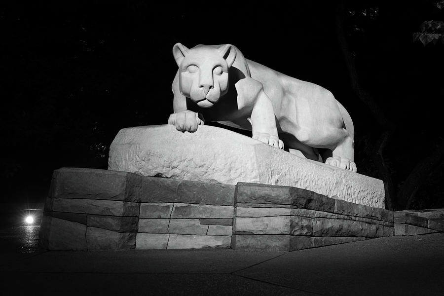 Nittany Lion Shrine at night at Penn State University in black and white #3 Photograph by Eldon McGraw