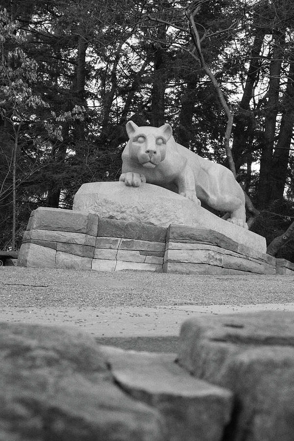 Nittany Lion Shrine at Penn State University in black and white Photograph by Eldon McGraw