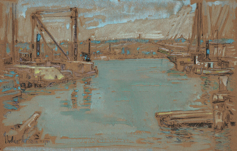 North River Dock, New York, from 1901 Drawing by Childe Hassam