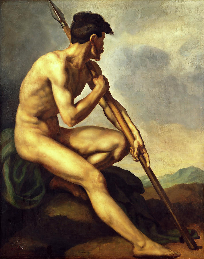 Male Nude Painting - Nude Warrior with a Spear #3 by Theodore Gericault