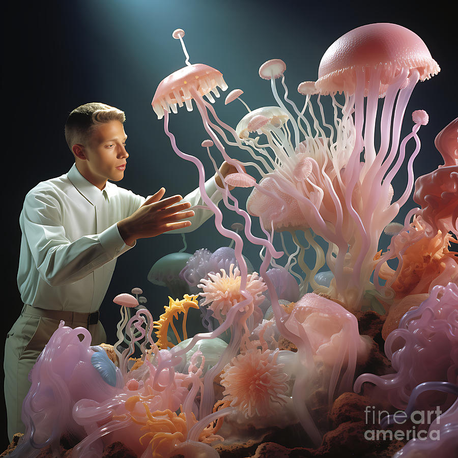 ocean jellyfish coral male man Lisa Frank by Asar Studios Painting