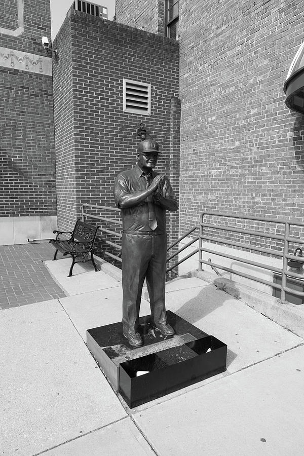 Ohio State football coach Woody Hayes statue in black and white #3 Photograph by Eldon McGraw