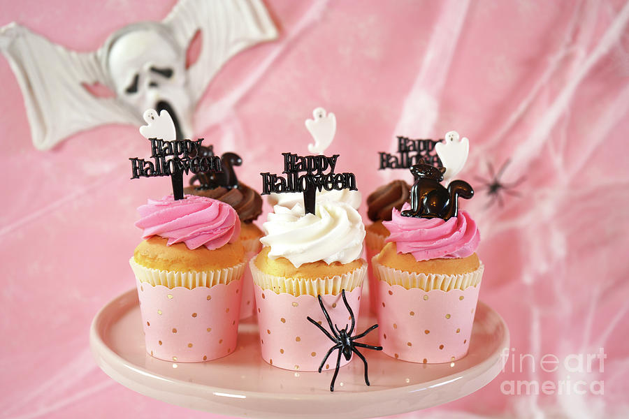 On trend pink Halloween party table with cupcakes #3 Photograph by Milleflore Images