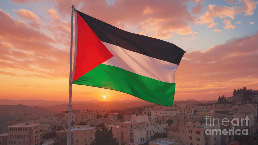 Palestinian flag waving on sunset sky over city #3 Digital Art by Benny Marty Palestinian flag waving on sunset sky over city #3 Digital Art by Benny Marty