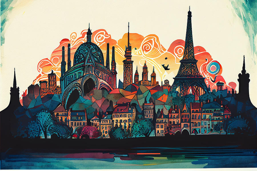 Paris  Skyline  Watercolor  In  The  Style  Of  Scott   By Asar Studios Digital Art