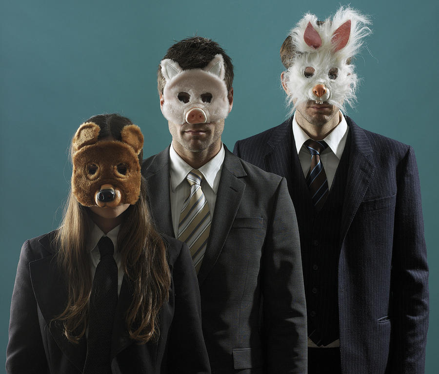 3 People In Suits Wearing Animal Masks Photograph by Jonny Basker