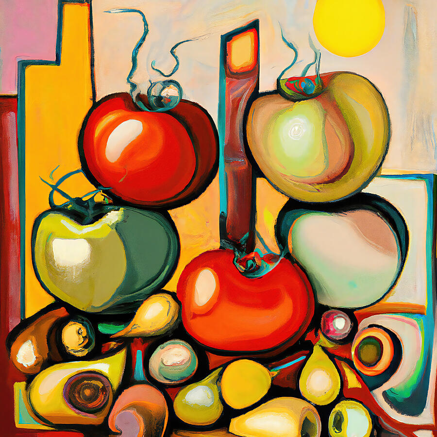 Vegetable Painting - Perfect Red Fresh Tomatoes - Funky Vegetables Abstract #3 by StellArt Studio
