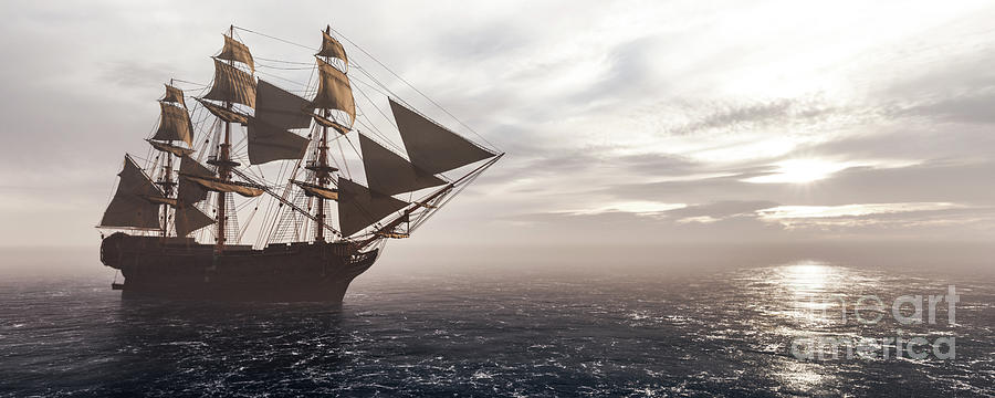 Pirate Ship Sailing On The Ocean. Stormy Clouds Photograph