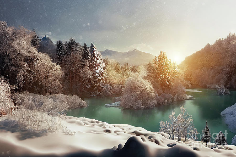 Plitvice Lakes In Winter With Frozen Waterfalls Digital Art