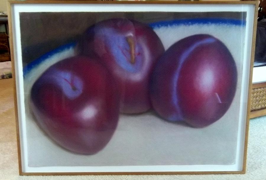 3 Plums on a Blue and White Dish Drawing by Paul Linfante