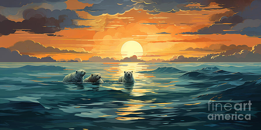 3 polar bears walking on an ice floe drifting by Asar Studios Painting by Celestial Images