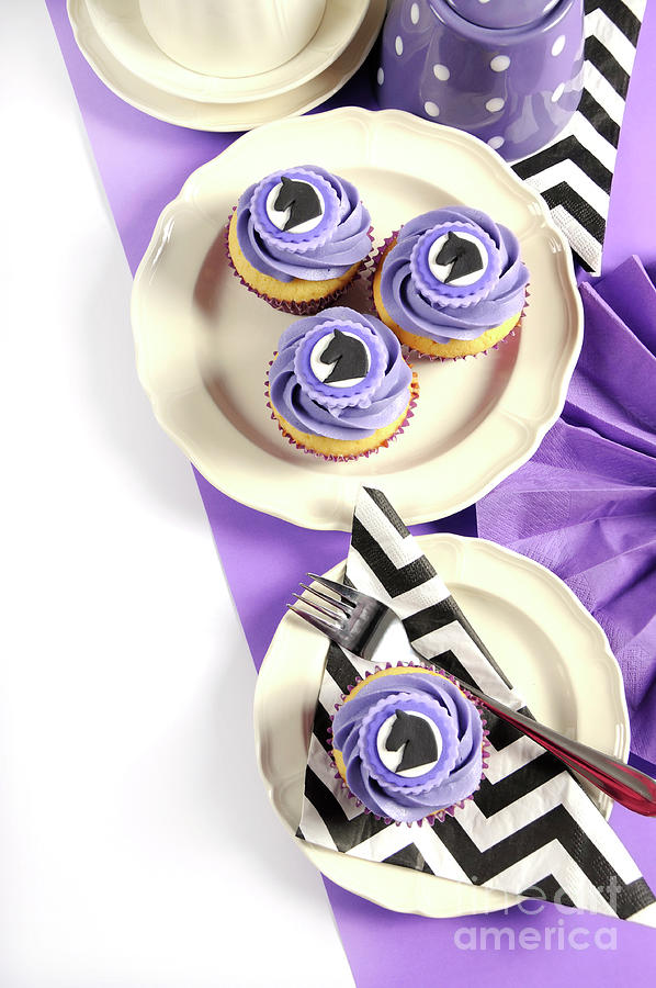 Purple, black and white theme Racing Carnival party table. #3 Photograph by Milleflore Images