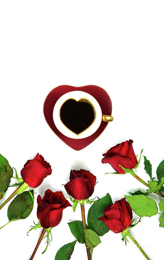 Red roses creative flat lay layout with coffee in heart shaped cup and saucer. #3 Photograph by Milleflore Images