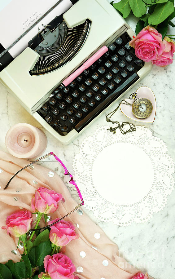 Romantic vintage writing scene with old typewriter overhead on marble table. #3 Photograph by Milleflore Images