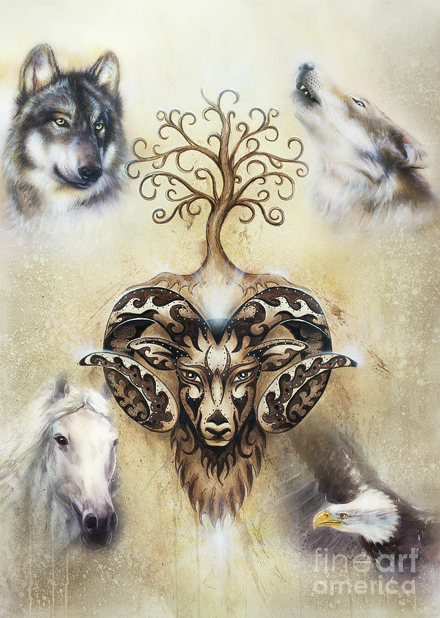 Sacred Ornamental Aries Spirit With Tree Of Life Symbol And Animals. Mixed  Media by Jozef Klopacka - Pixels