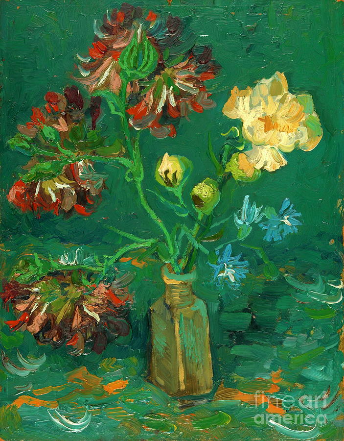 Vincent van Gogh - Small Bottle with Peonies and Blue Delphiniums Painting by Alexandra Arts