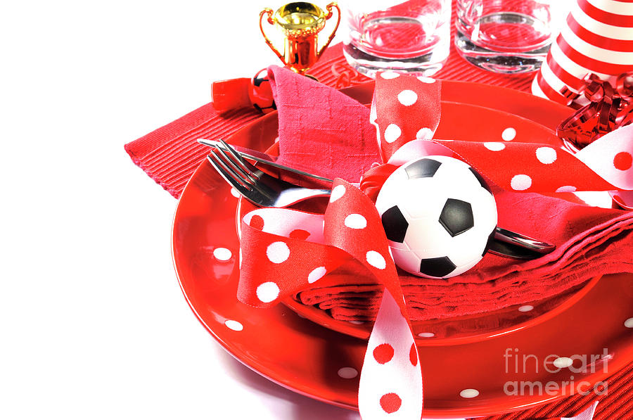Soccer football celebration party table setting #3 Photograph by Milleflore Images