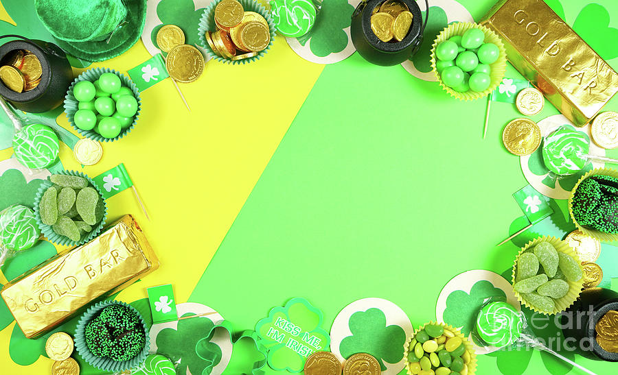 St Patricks Day flat lay with chocolate coins, leprechaun hat and shamrocks. #3 Photograph by Milleflore Images