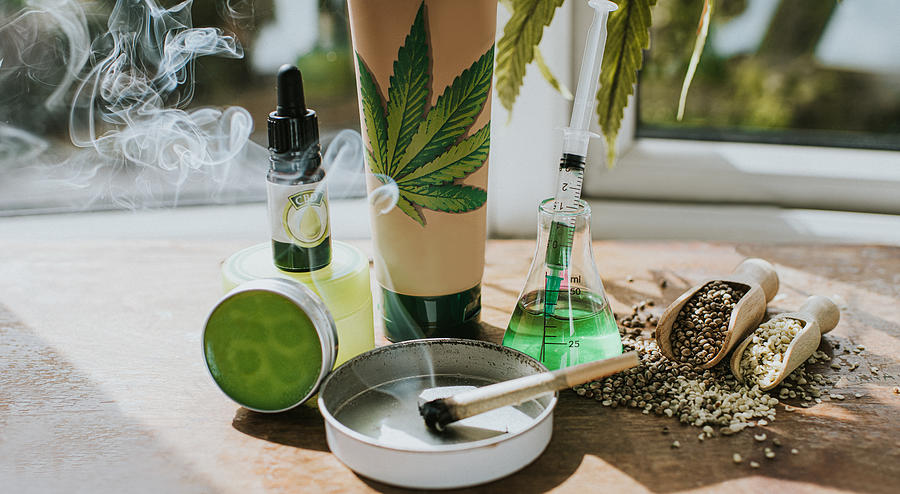 Still-Life Selection of CBD products, conveying vast possibilities of cannabis as an Ingredient in an Alternative therapies, Lifestyle and treatments. #3 Photograph by Catherine Falls Commercial