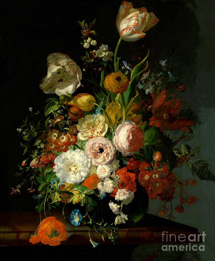 Still Life with Flowers in a Glass Vase Painting by Rachel Ruysch