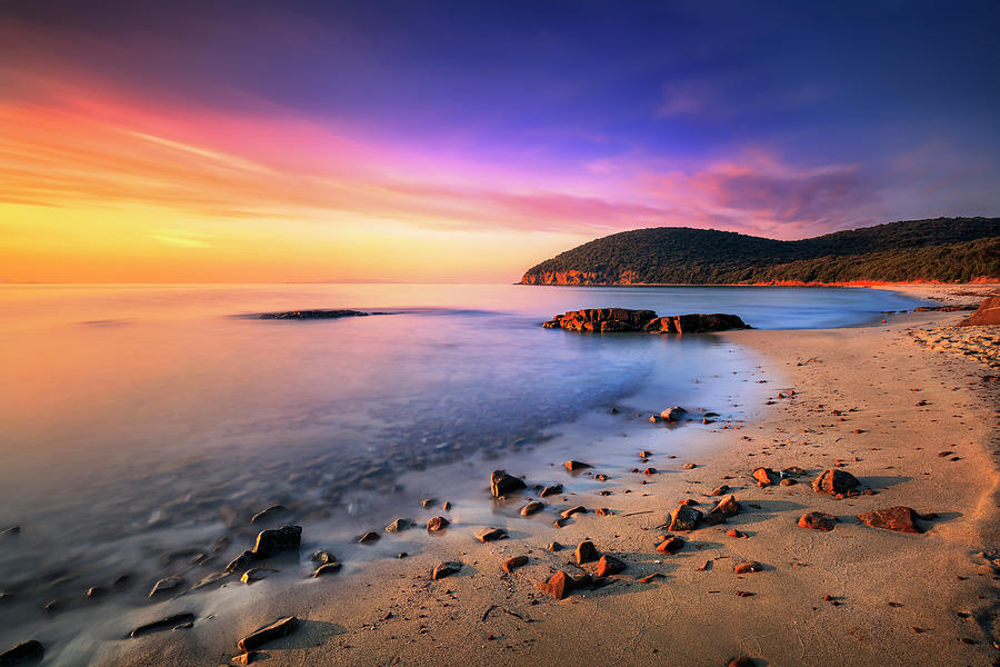 Sunset in Cala Violina bay beach in Maremma, Tuscany. Mediterran #4 Photograph by Stefano Orazzini