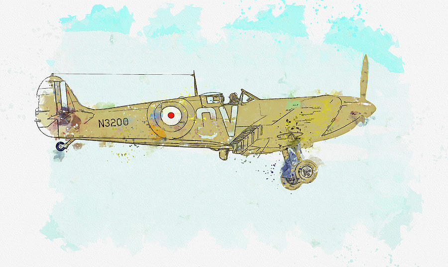 Supermarine Spitfire Mkin watercolor ca by Ahmet Asar  #3 Painting by Celestial Images