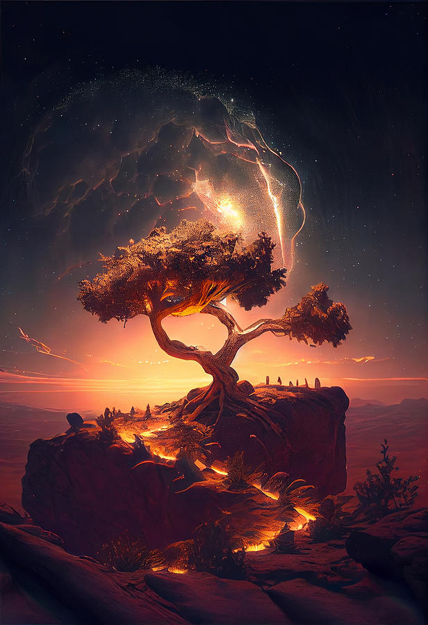 Surreal  Giant  Celestial  Tree  On  Top  Of  A  Mounta  By Asar Studios Digital Art