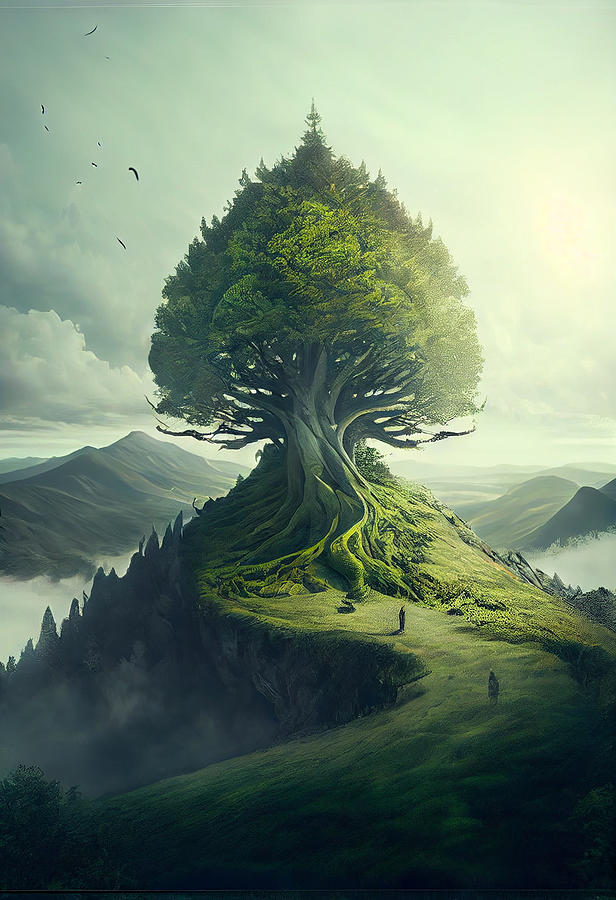 Surreal  Giant  Tree  On  Top  Of  A  Hill  Detailed  Pa  By Asar Studios Digital Art