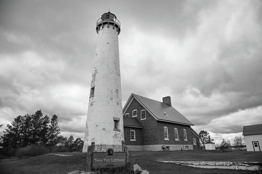 Tawas Point Lighthouse in Tawas Michigan in black and white #3 Photograph by Eldon McGraw