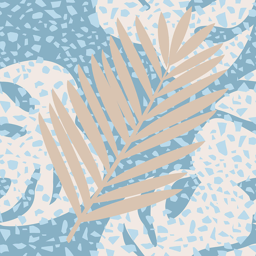 Nature Digital Art - Terrazzo Style Tropical Palm Leaves Blue #3 by Sweet Birdie Studio