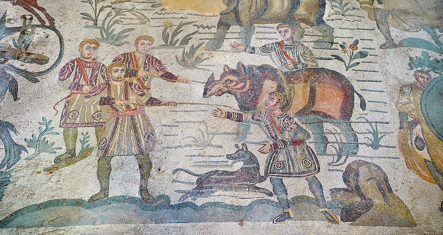The Great Hunt Roman mosaic - Villa Romana del Casale Sicily #3 Photograph by Paul E Williams