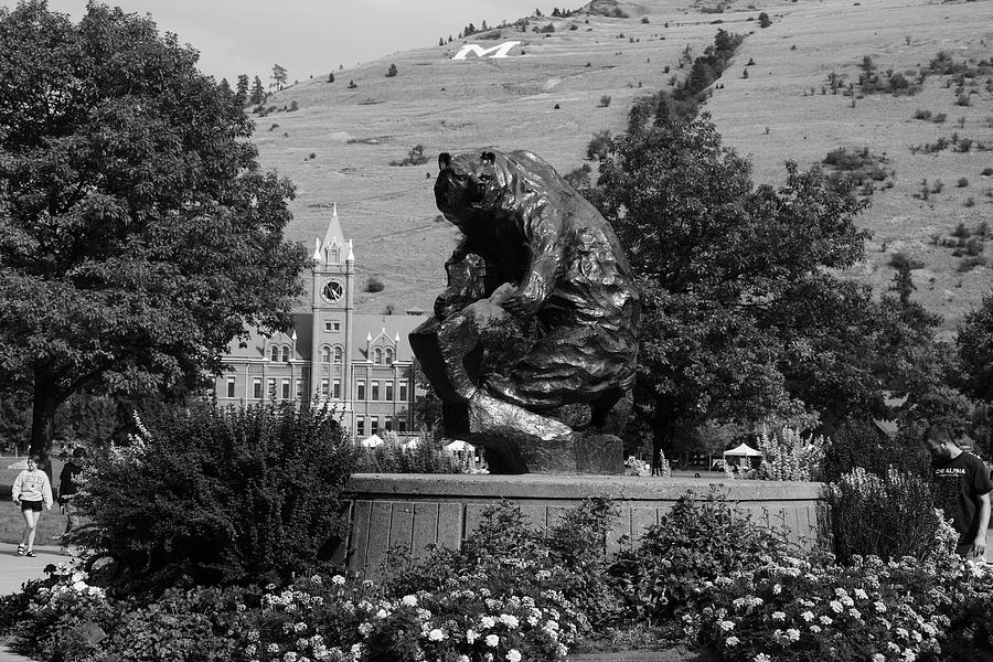 The Grizzly statue at the University of Montana - Grand Griz in black and white #3 Photograph by Eldon McGraw