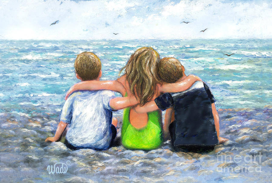 Sitting On Beach Painting - Three Beach Children Hugging #3 by Vickie Wade