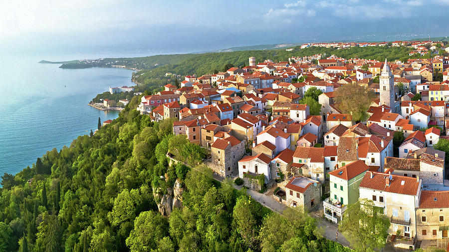Town of Omisalj on Krk island aerial panorama #3 Photograph by Brch Photography