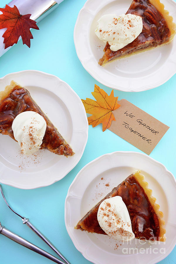 Traditional Happy Thanksgiving Pecan Pie on formal table setting. #3 Photograph by Milleflore Images