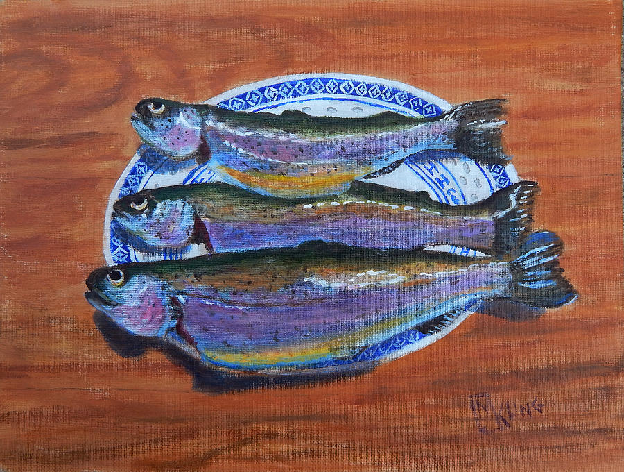 3 Trout on a Plate Painting by Mike Kling