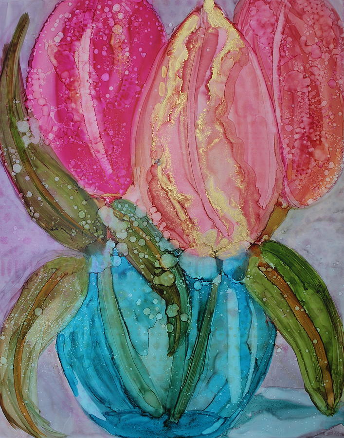 3 Tulips in a Glass Ball Painting by Ruth Kamenev