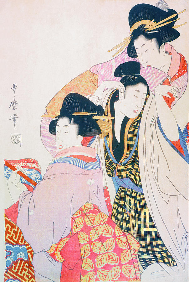 Kitagawa Utamaro Painting - Two Geishas and a Tipsy Client by Kitagawa Utamaro by Mango Art