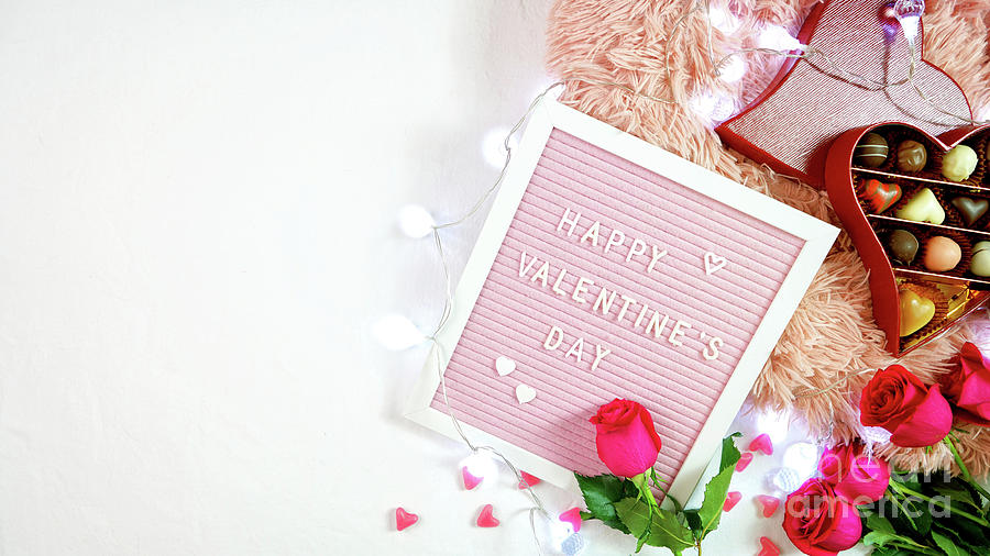Valentines Day flat lay with roses, chocolates and letterboard. #3 Photograph by Milleflore Images