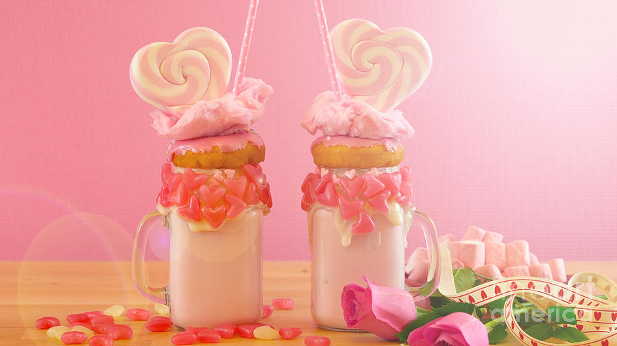 Valentines Day freak shakes with heart shaped lollipops and donuts. #3 Photograph by Milleflore Images