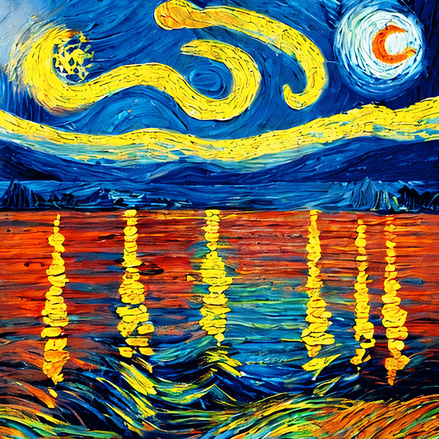 Abstract Mixed Media - Van Gogh Style Paintings Set, A sea At Sunset, Sunset Retro Stripes, Van Gogh by Mounir Khalfouf