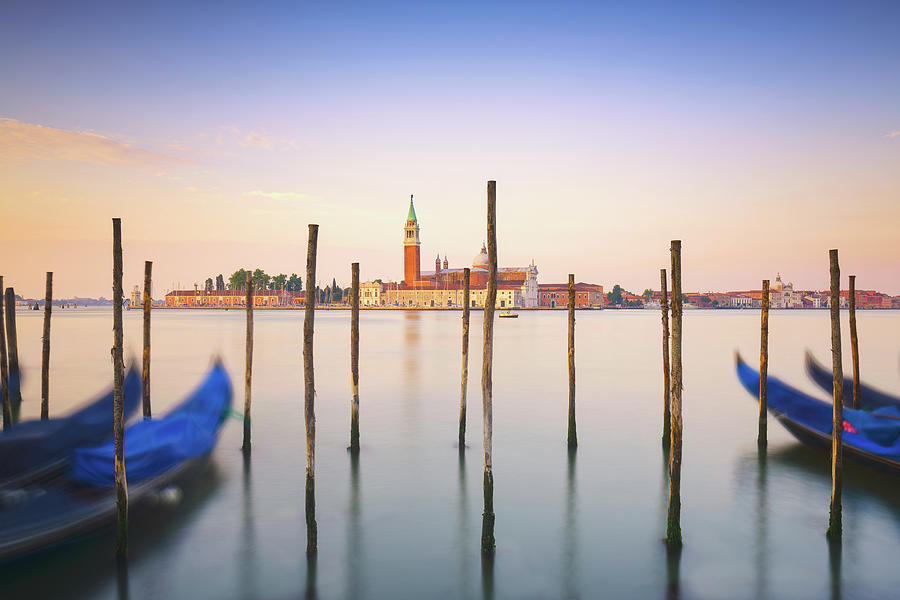 Venice lagoon, San Giorgio church, gondolas and poles. Italy #3 Photograph by Stefano Orazzini