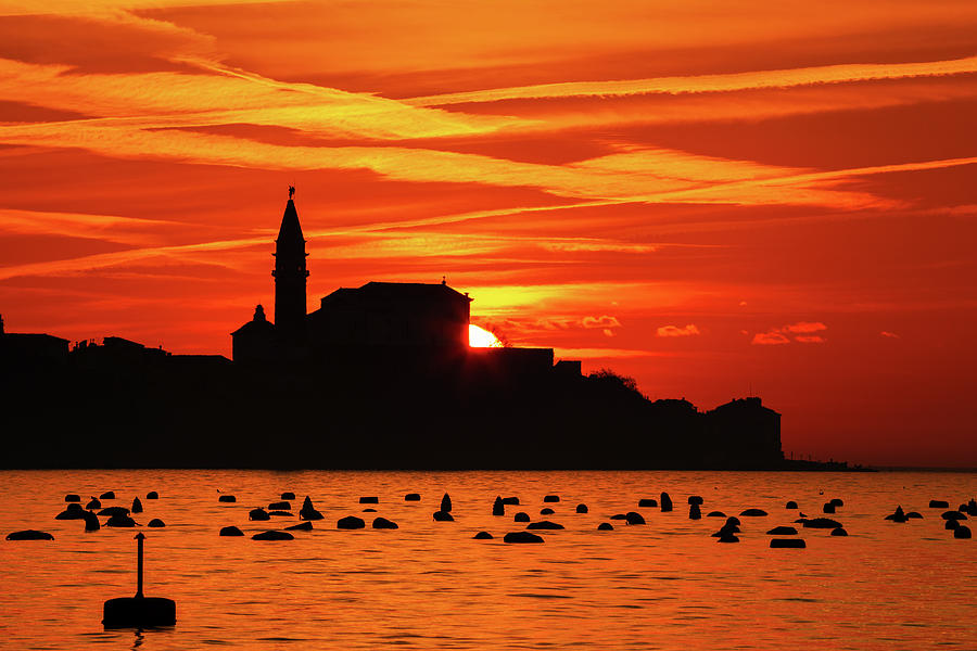 View of Saint Georges Parish Church in Piran at sunset #3 Photograph by Ian Middleton