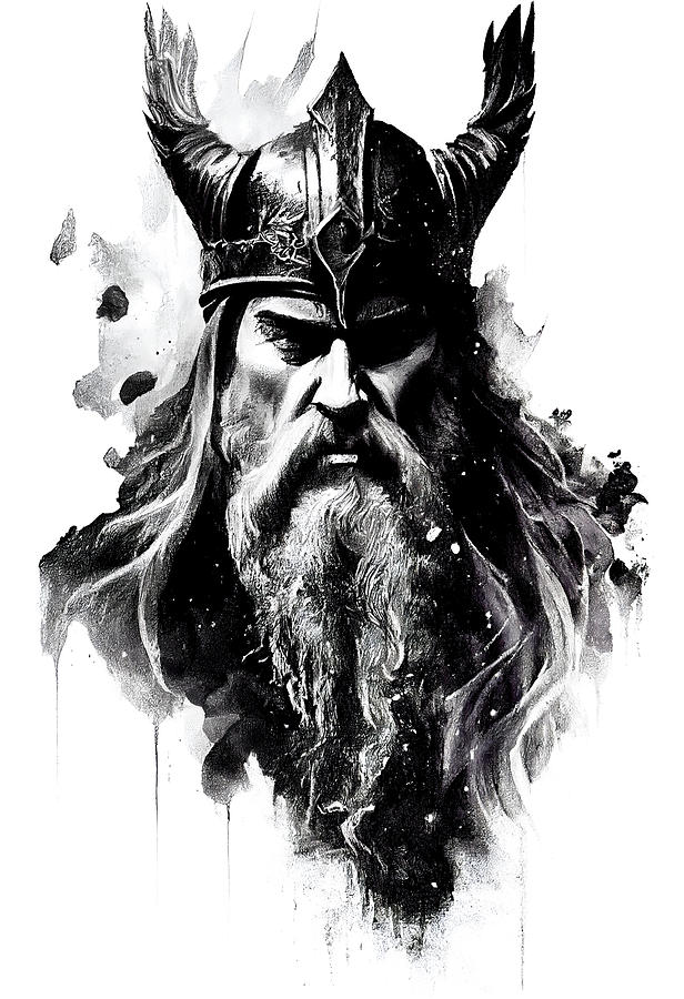 Viking god Odin Wotan in Art black drawn in Charcoal Ink and Pen ...