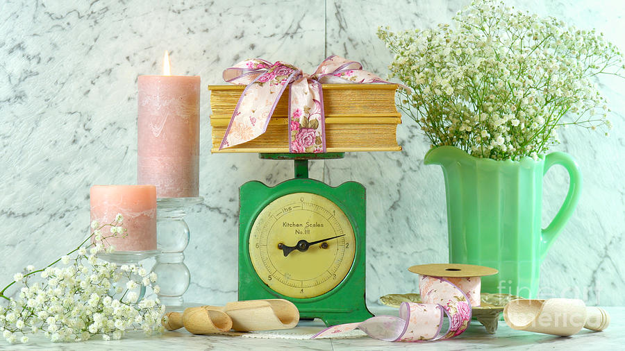 Vintage kitchen scale decor in soft dusty pink and mint green tones. #3 Photograph by Milleflore Images